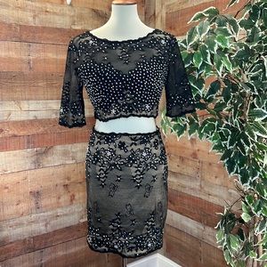 JVN BY JOVANNI Black Mini Skirt Crop Top Beaded Jeweled Mesh 2 Piece Set…
